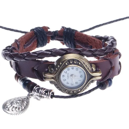 2013-2014 new arrival with Drop charm hand-knitted leather watches bracelet wrist watch,Round dial,Red Coffee Color,sold 10pcs p