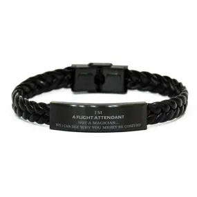 Badass Flight Attendant Gifts, I'm Flight Attendant not a magician, Sarcastic Braided Leather Bracelet for Flight Attendant Birt