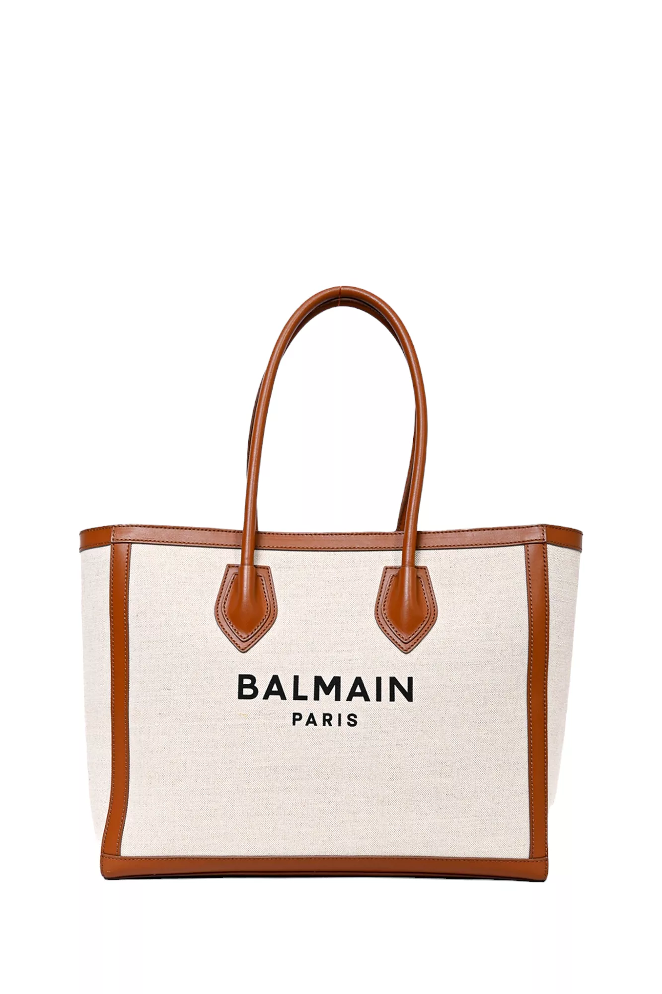 Balmain Beige Canvas Logo 'B-Army' Tote Bag with Brown Leather Trim