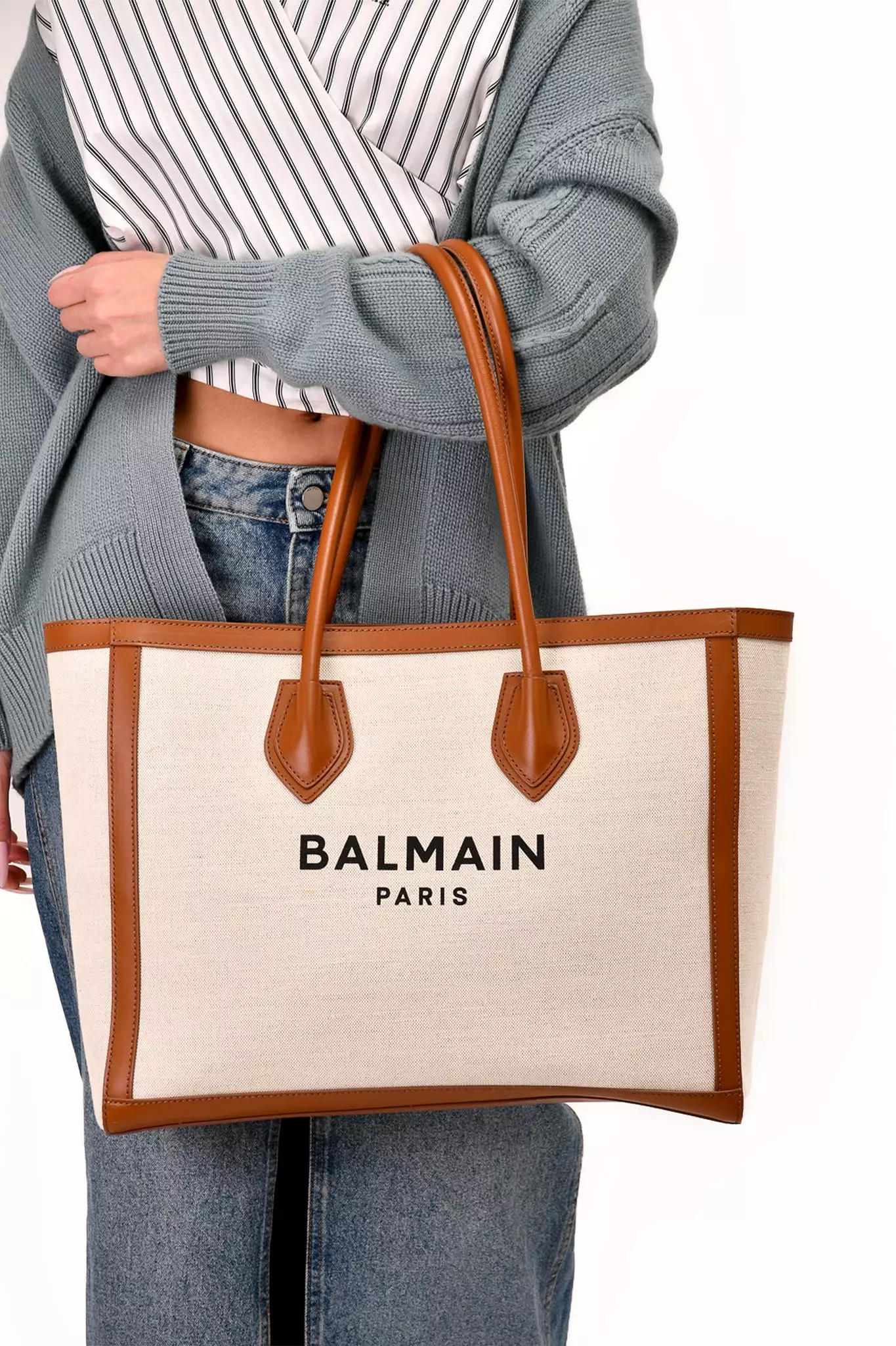 Balmain Beige Canvas Logo 'B-Army' Tote Bag with Brown Leather Trim