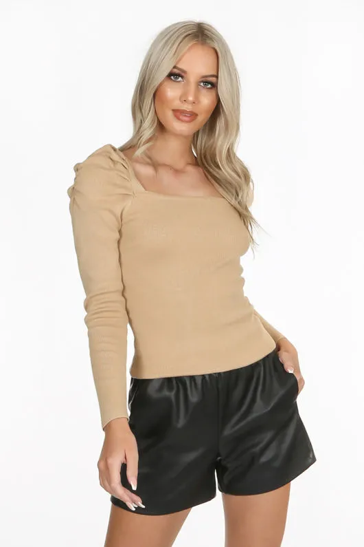 Beige Puff Sleeve Knitted Top