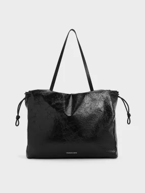 Bethel Crinkle-Effect Ruched Drawstring Tote Bag - Black