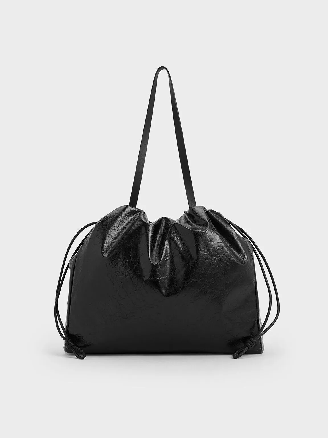 Bethel Crinkle-Effect Ruched Drawstring Tote Bag - Black