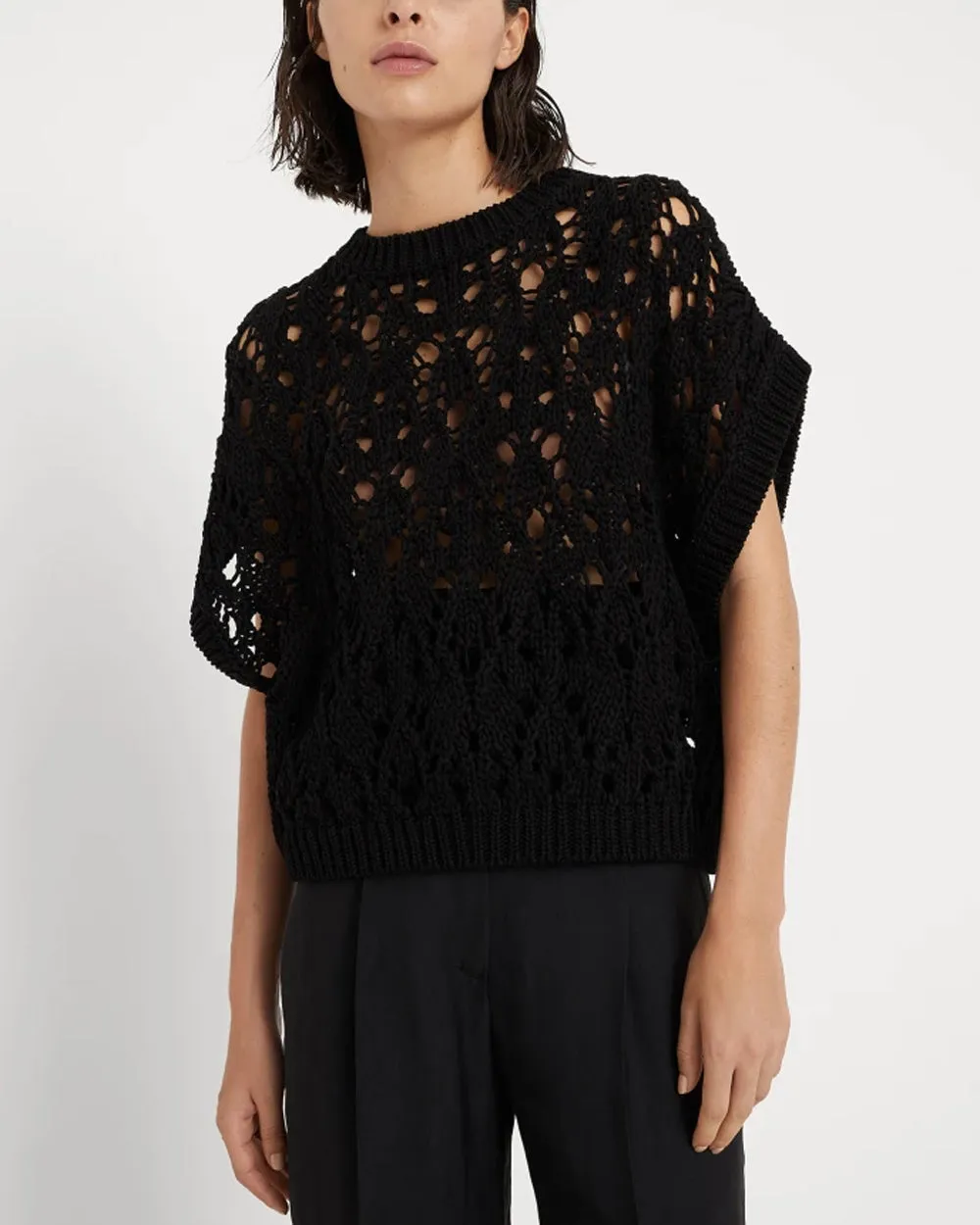 Black Net Knit Capsleeve Top