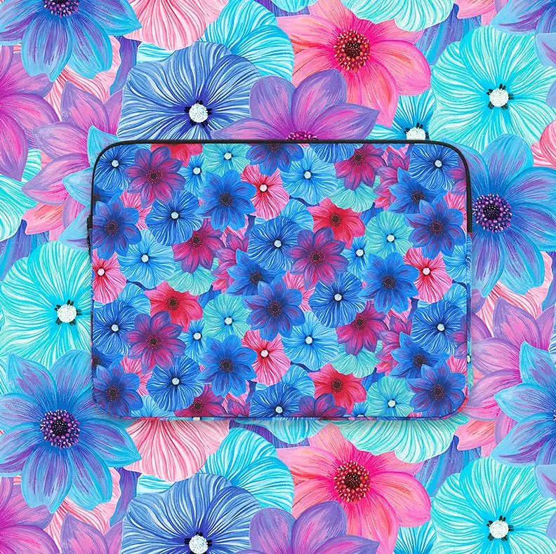 Blue Red Dahlia Floral Graphic Laptop Sleeves 11 13 15 inch Cases Protective Covers Handbags Square Pouches Designer Artist Prin