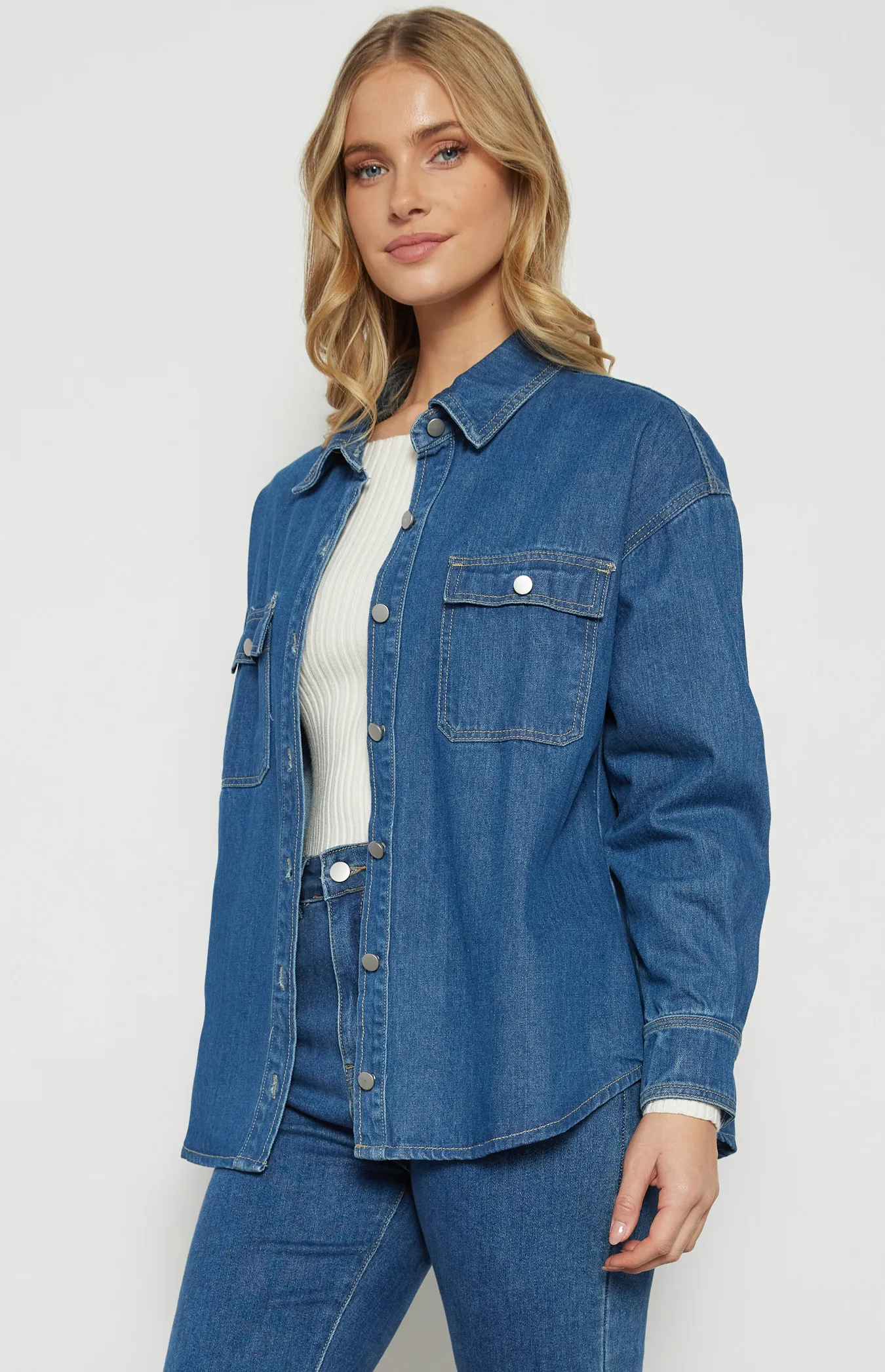 Button Up Denim Shacket with Front Pockets (WDM614A)