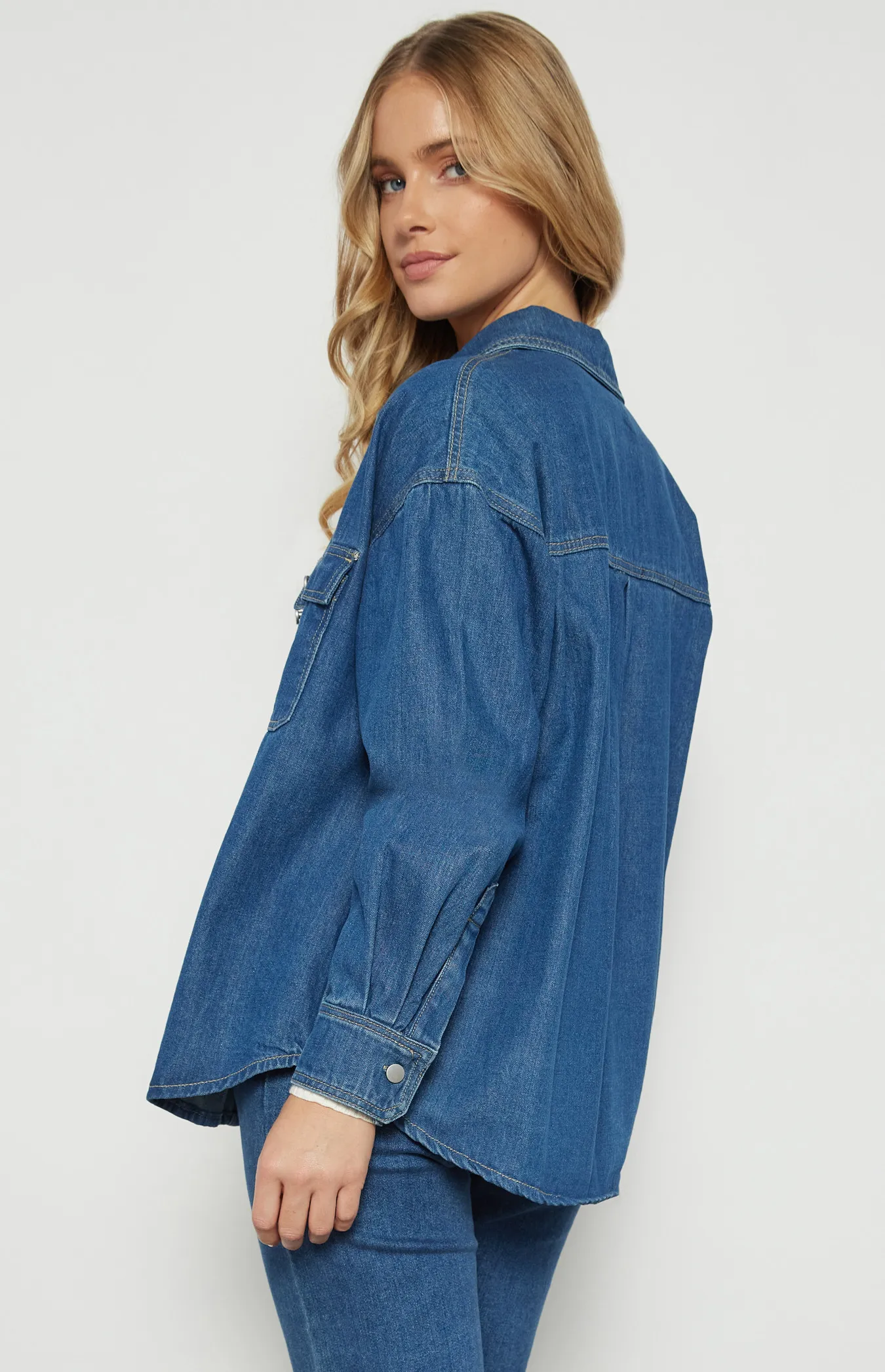 Button Up Denim Shacket with Front Pockets (WDM614A)