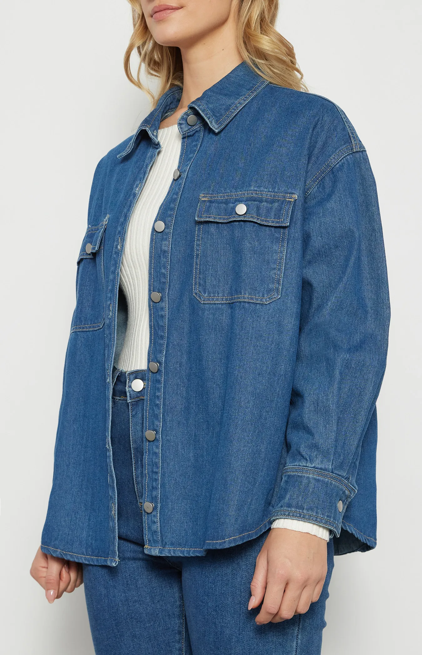 Button Up Denim Shacket with Front Pockets (WDM614A)