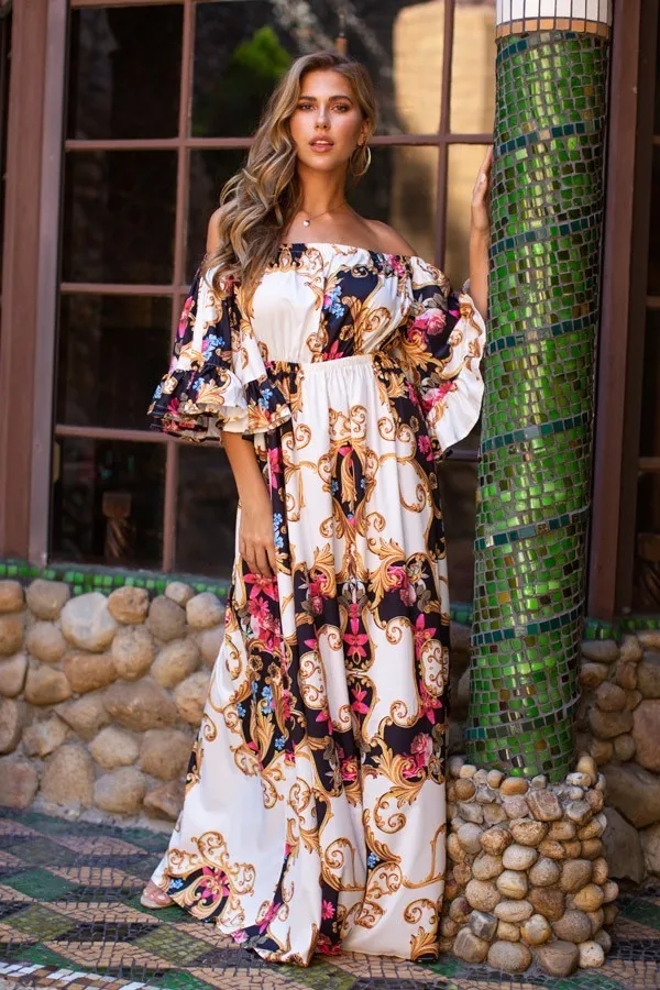 Camila Multi Color Off Shoulder Bell Sleeve Maxi Print Dress