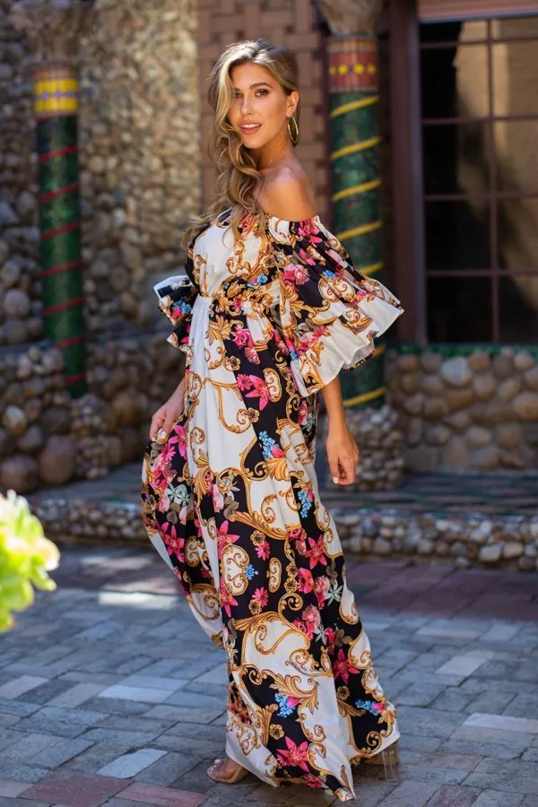 Camila Multi Color Off Shoulder Bell Sleeve Maxi Print Dress