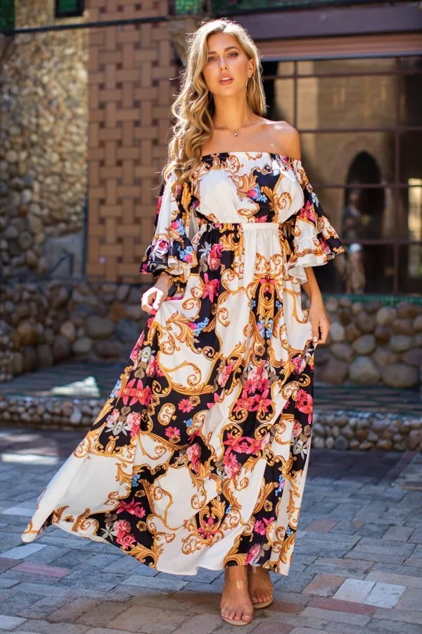 Camila Multi Color Off Shoulder Bell Sleeve Maxi Print Dress