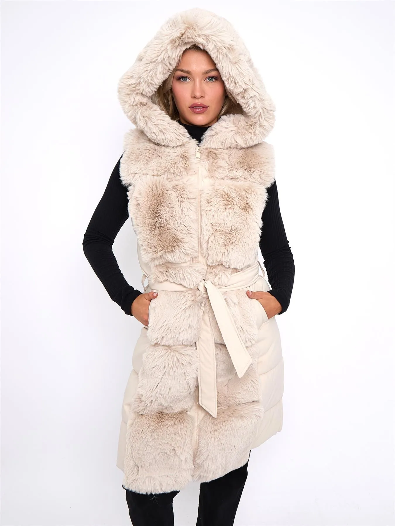 Centered Faux Fur Gilet, Padded, Black, Stone, UK Sizes 8 to 16