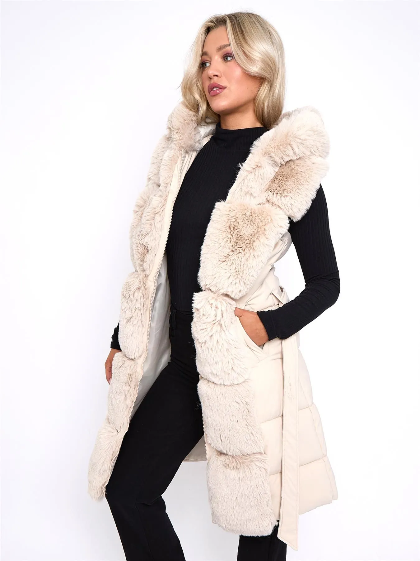 Centered Faux Fur Gilet, Padded, Black, Stone, UK Sizes 8 to 16