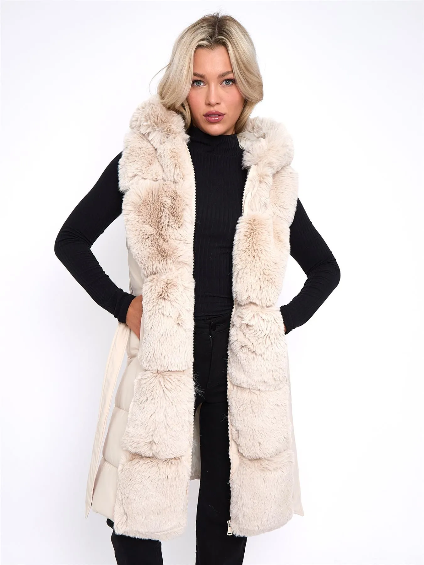 Centered Faux Fur Gilet, Padded, Black, Stone, UK Sizes 8 to 16