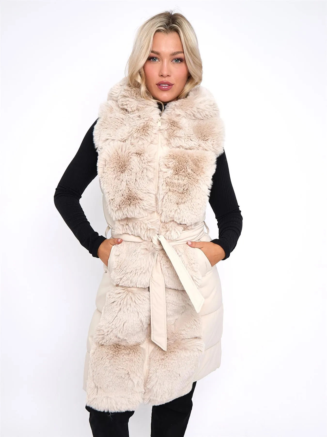 Centered Faux Fur Gilet, Padded, Black, Stone, UK Sizes 8 to 16