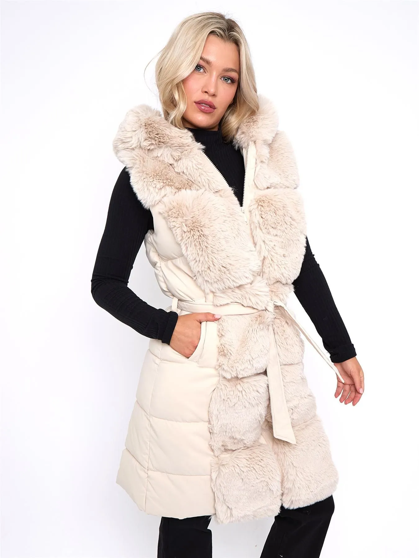 Centered Faux Fur Gilet, Padded, Black, Stone, UK Sizes 8 to 16