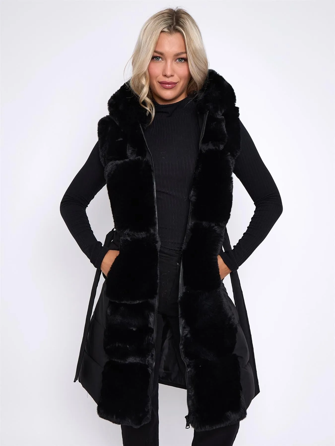 Centered Faux Fur Gilet, Padded, Black, Stone, UK Sizes 8 to 16