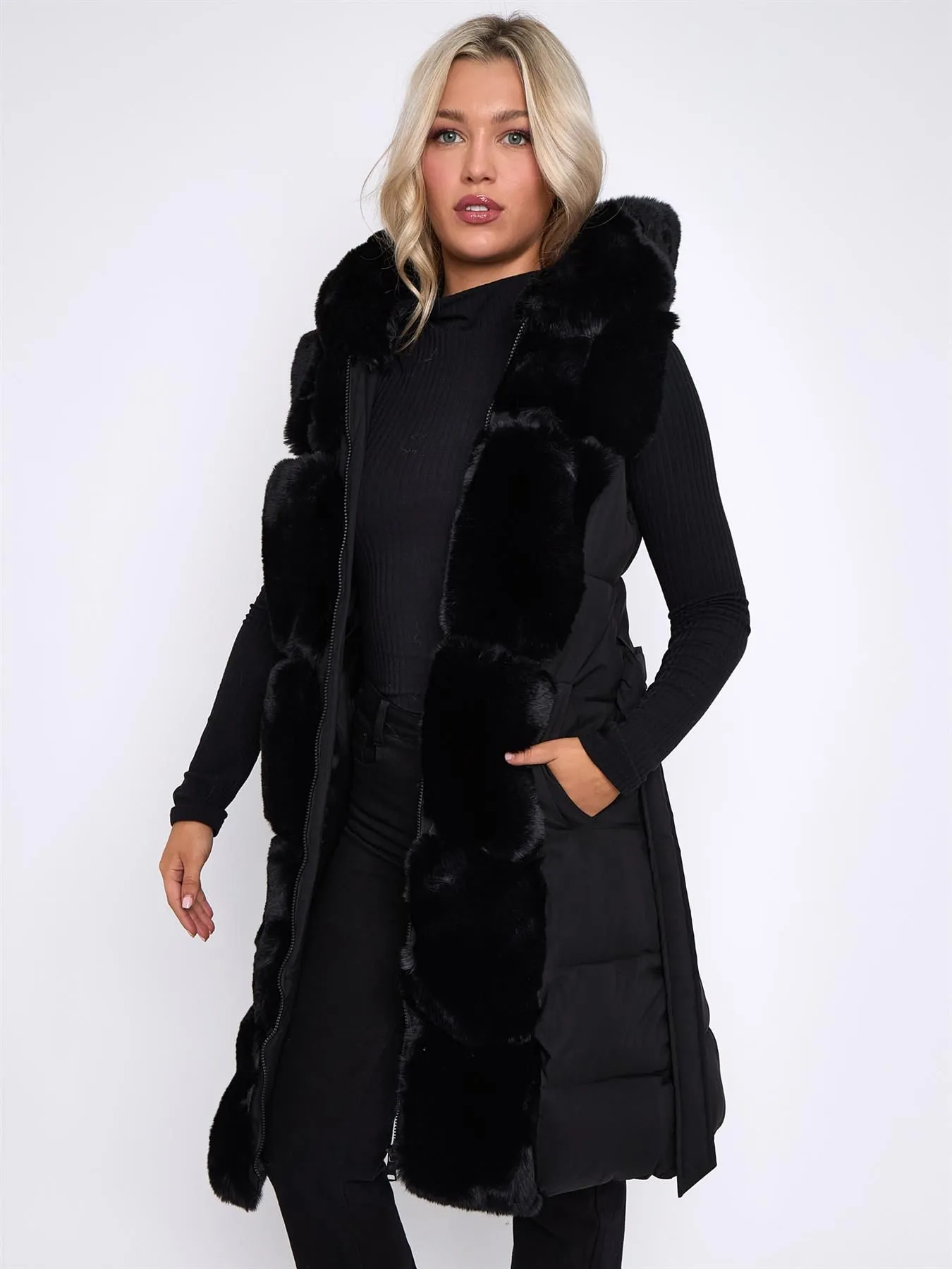 Centered Faux Fur Gilet, Padded, Black, Stone, UK Sizes 8 to 16