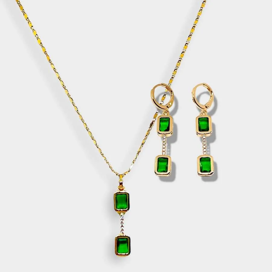 Cesme double faux emerald square stone necklace 18kts gold plated