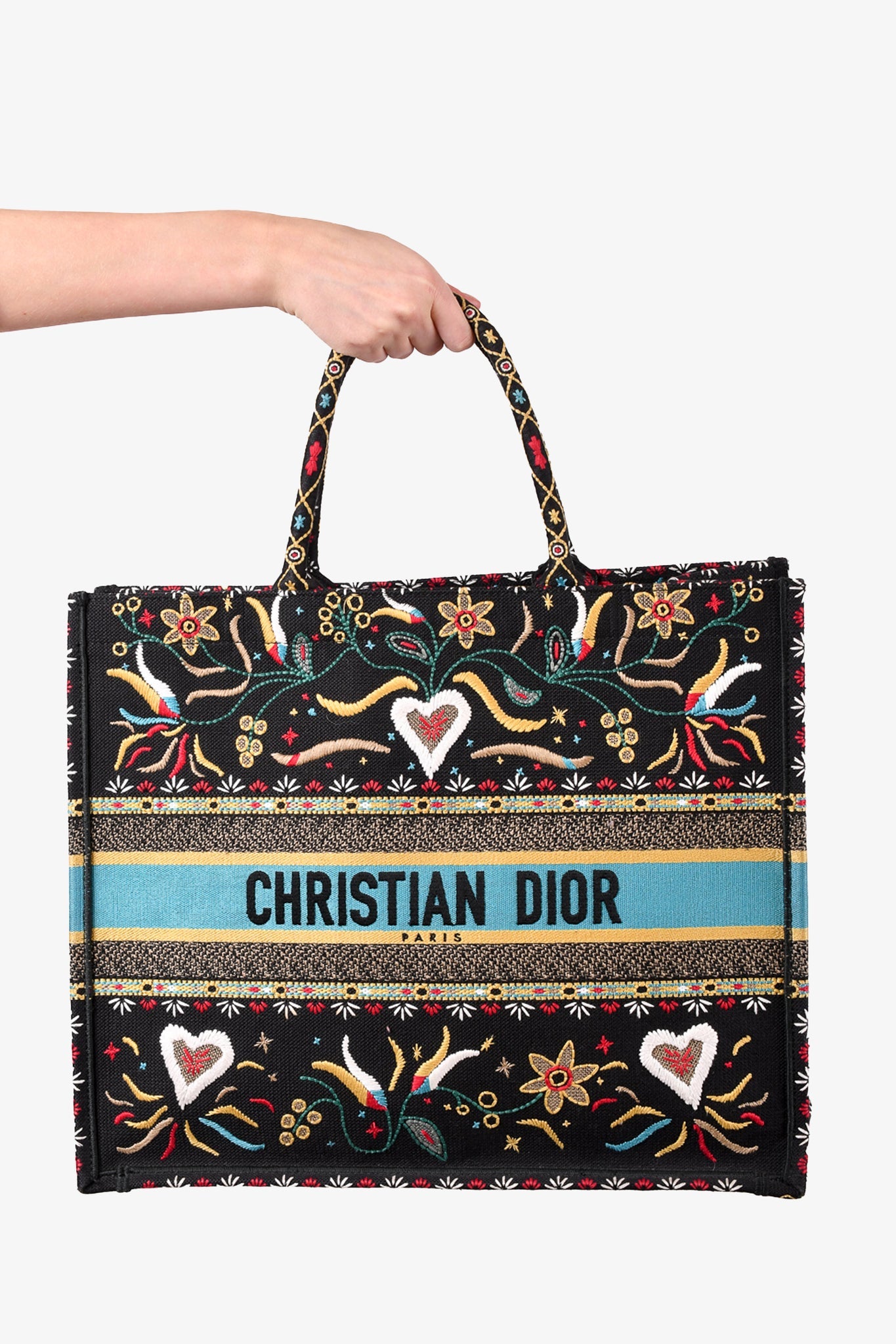 Christian Dior 2018 Navy Blue Embroidered Floral/Heart Large Book Tote