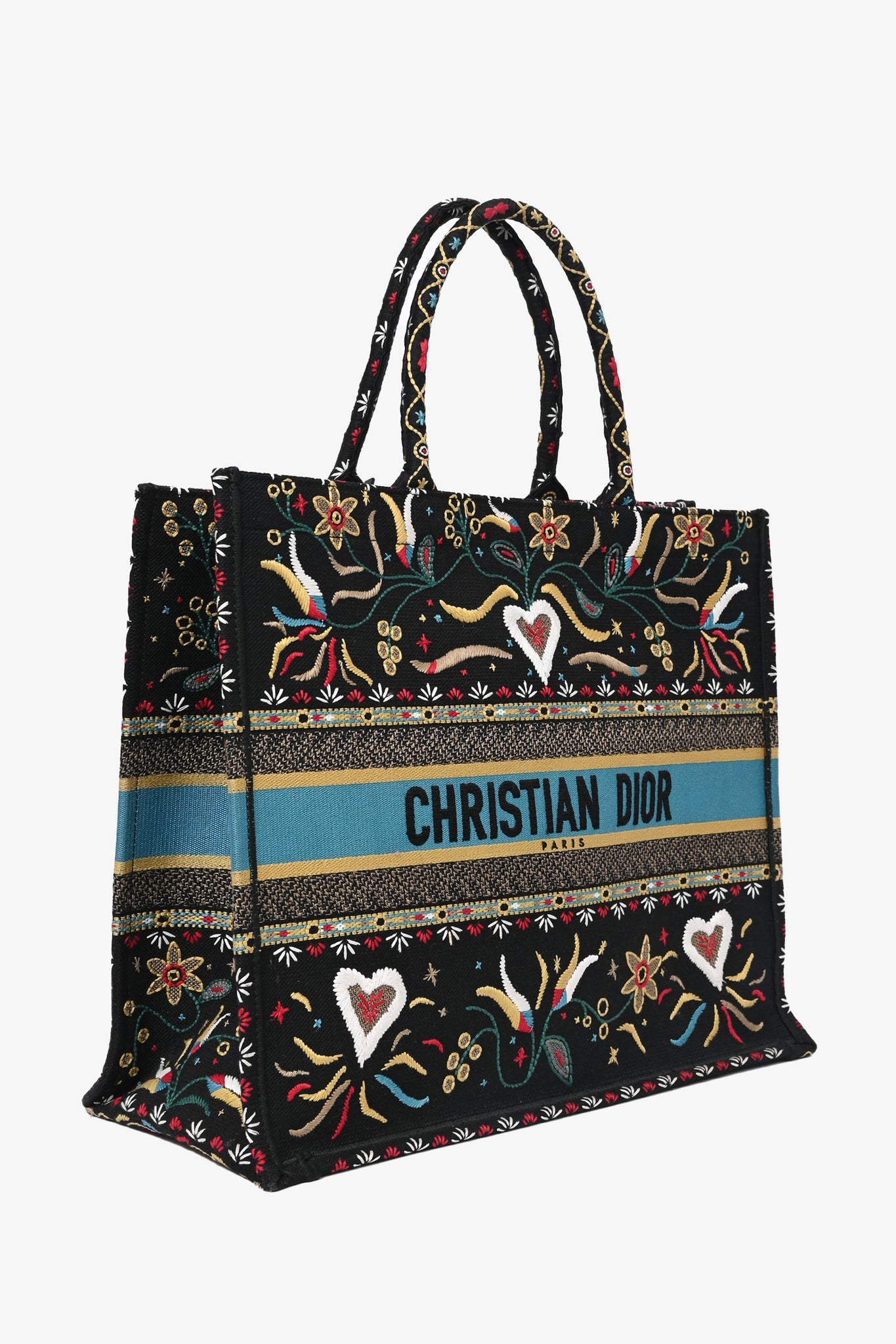 Christian Dior 2018 Navy Blue Embroidered Floral/Heart Large Book Tote