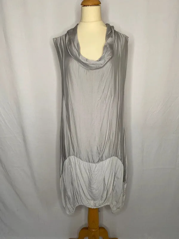 Collezione Gaia 14 grey silk mix cowl neck sleeveless drawstring hem midi dress