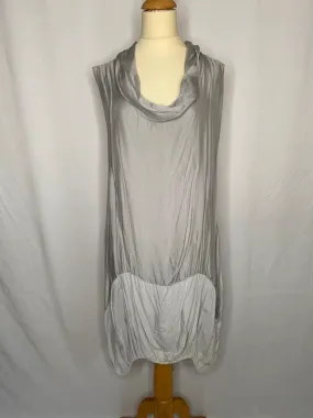 Collezione Gaia 14 grey silk mix cowl neck sleeveless drawstring hem midi dress