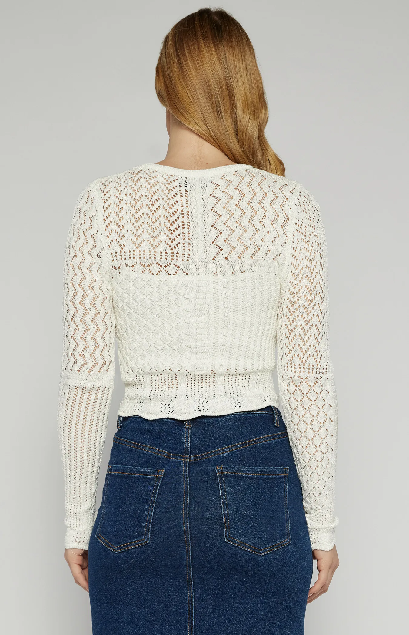 Contrast Pattern Crochet Knit Top with Slip Lining (SKN848)