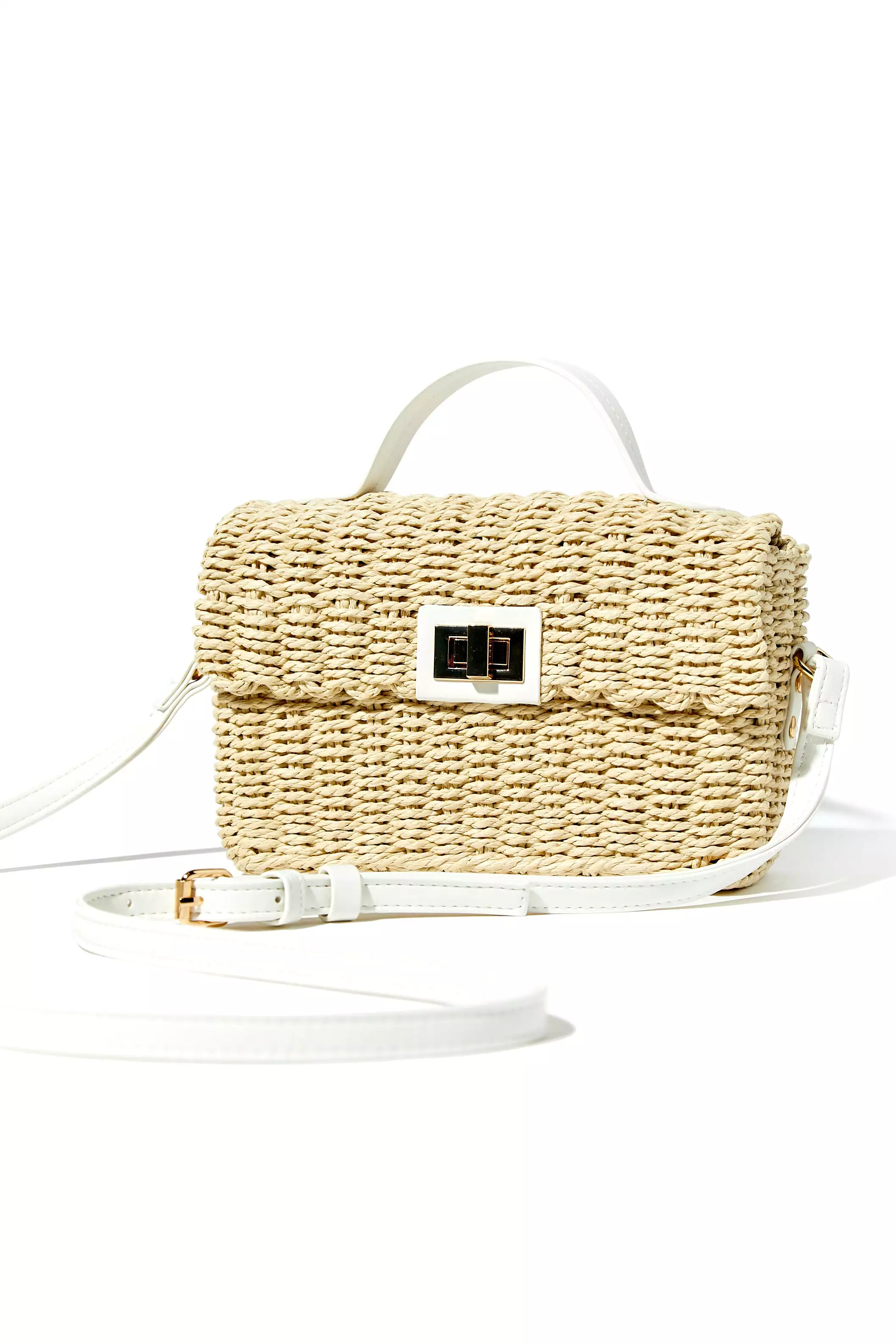 Contrast-Trim Basketwoven Crossbody Bag