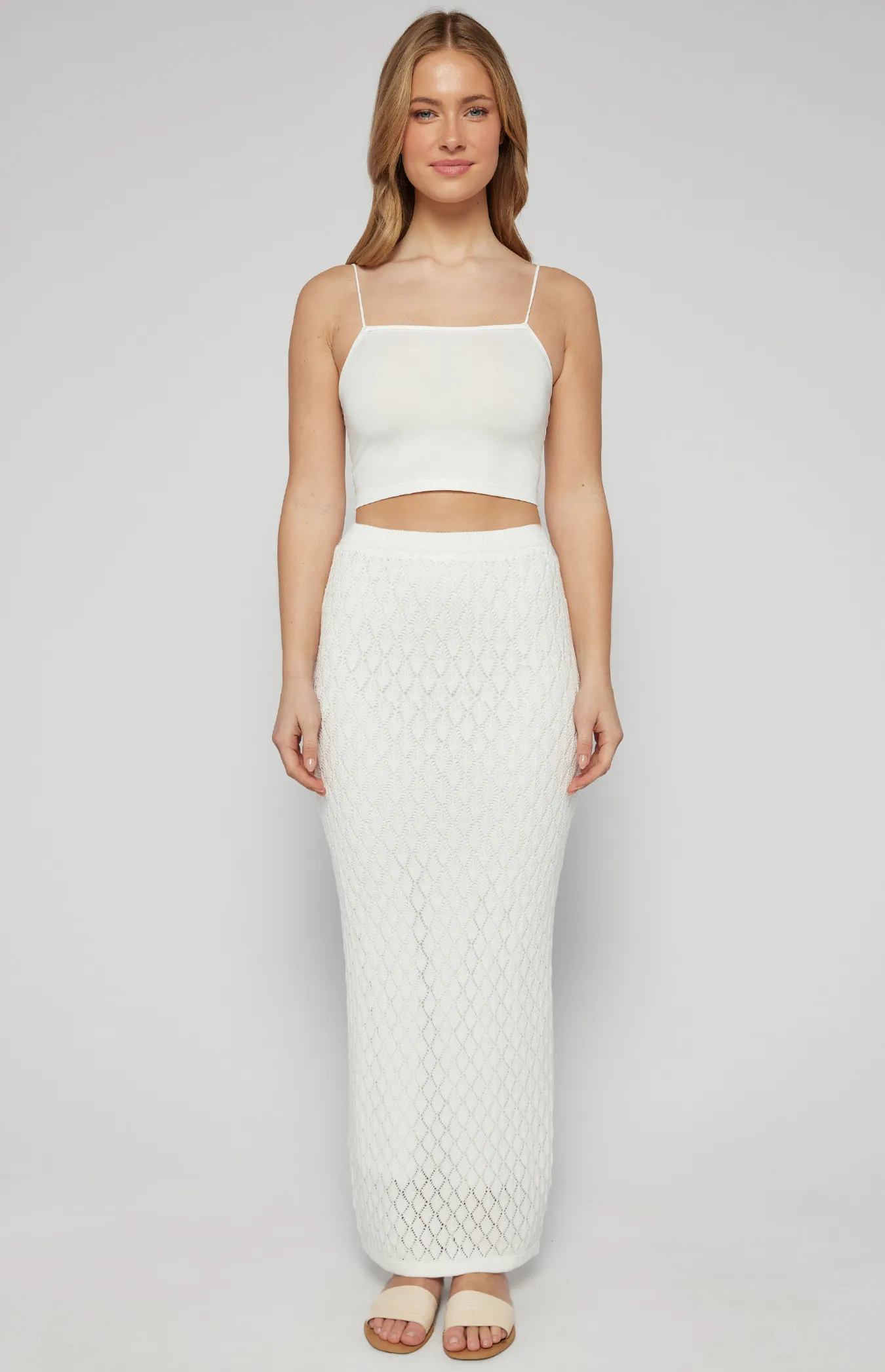 Crochet Knit Top and Maxi Skirt Set with Slip Cami Lining (SKN886)