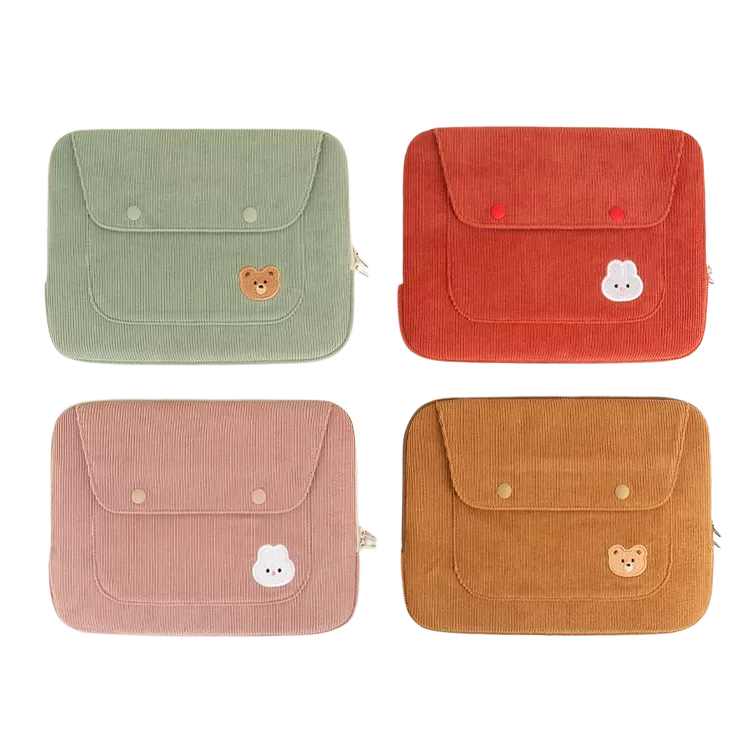 Cute Embroidery Bear Bunny Rabbit Corduroy Laptop Sleeves iPad 11 13 15 Cases Skins Protective Covers Purses Handbags Square Pou