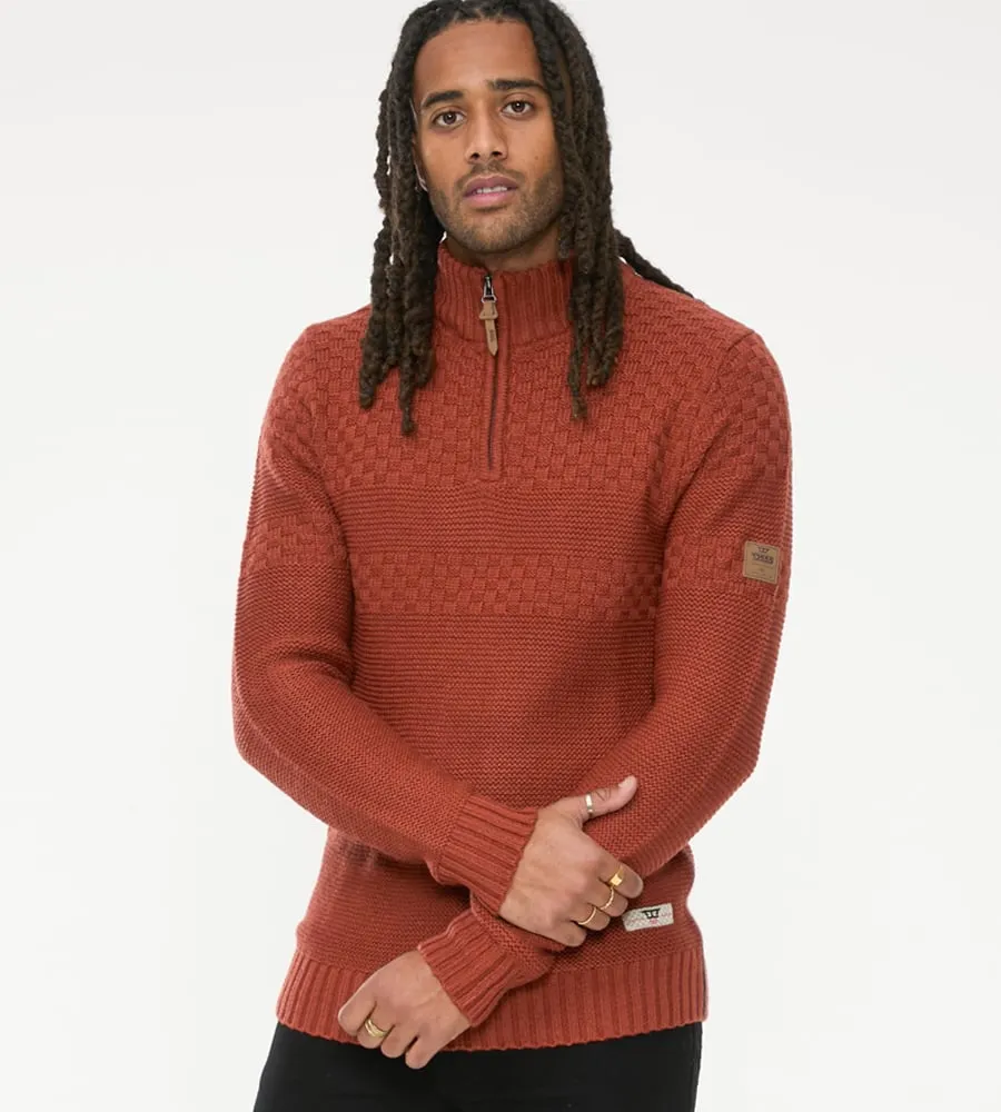 D555 Mens Rust Jacquard Knitted Jumper With 1/4 Zip (KELTON)