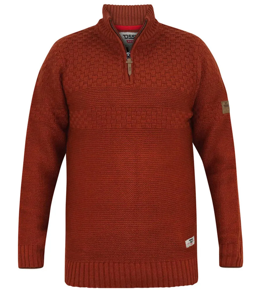 D555 Mens Rust Jacquard Knitted Jumper With 1/4 Zip (KELTON)