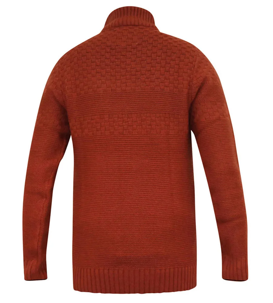 D555 Mens Rust Jacquard Knitted Jumper With 1/4 Zip (KELTON)