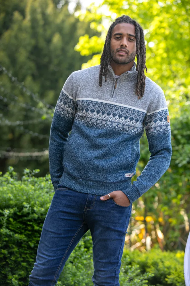 D555 Tall Mens Fairisle Knitted Jumper With 1/4 Zip and Lining (RUDDINGTON)