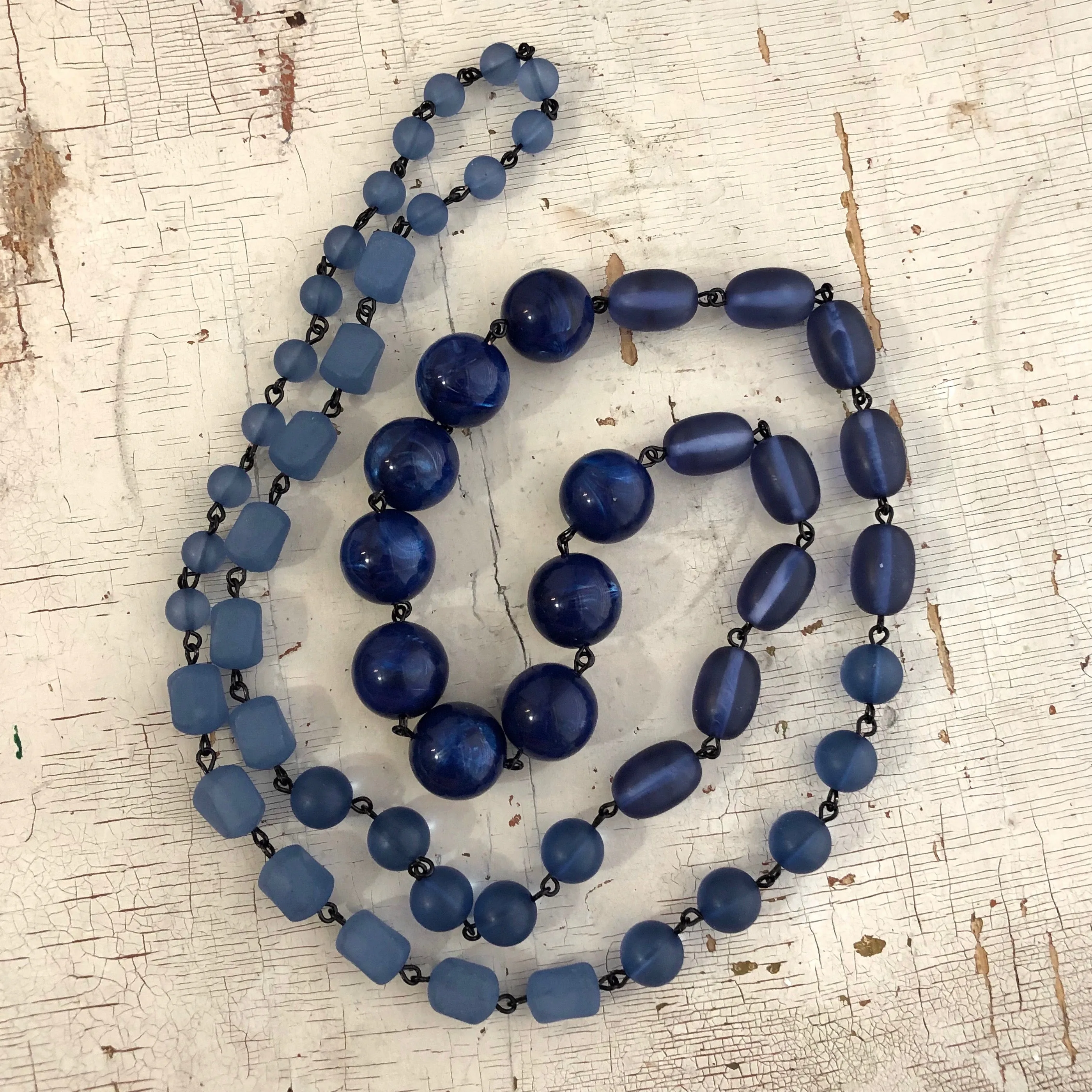 Denim Blue Beaded Rosary Chain Rope Necklace