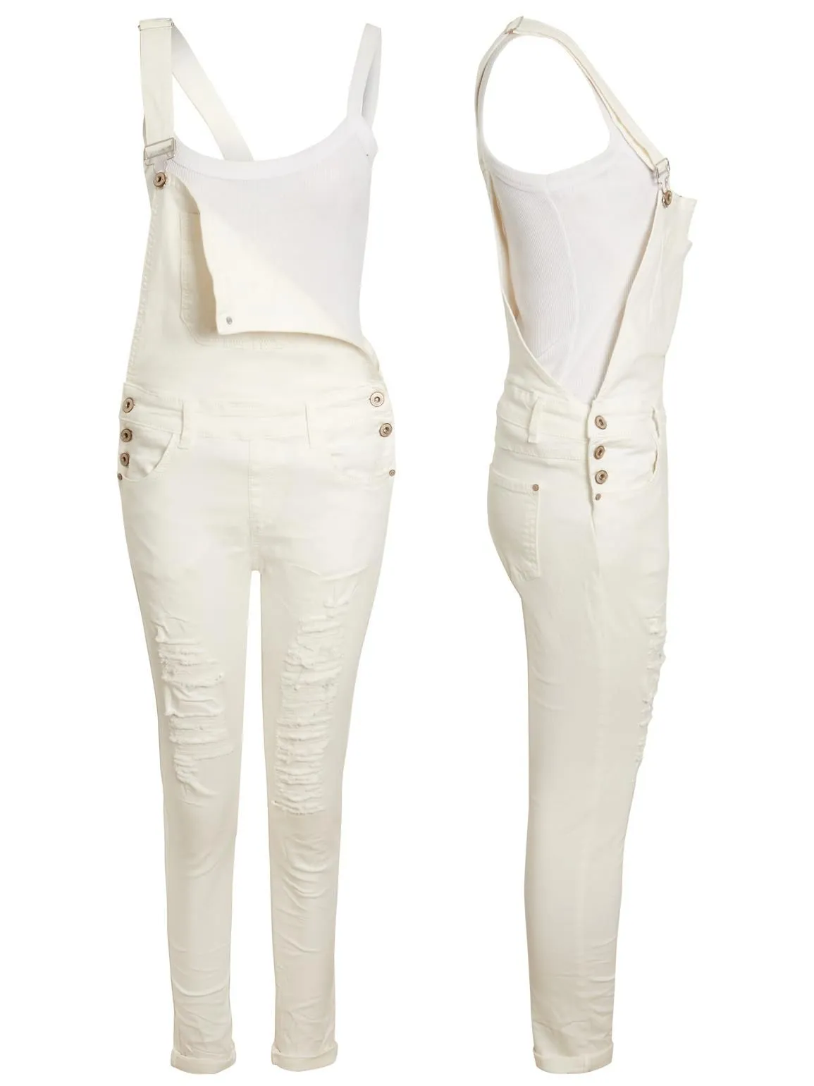 Distressed Stretch Dungarees Jeans, Off White, Uk Sizes 6 to 14