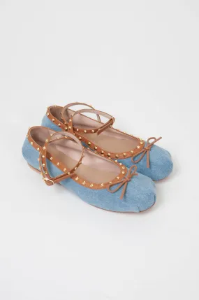 Divine Follie - Ballerina denim con profilo in pelle con borchie e cinturino