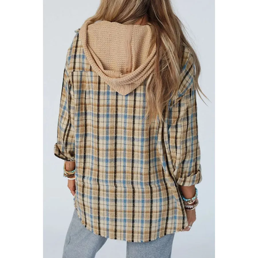 Drawstring Plaid Button Up Hooded Shacket