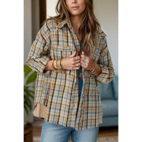 Drawstring Plaid Button Up Hooded Shacket