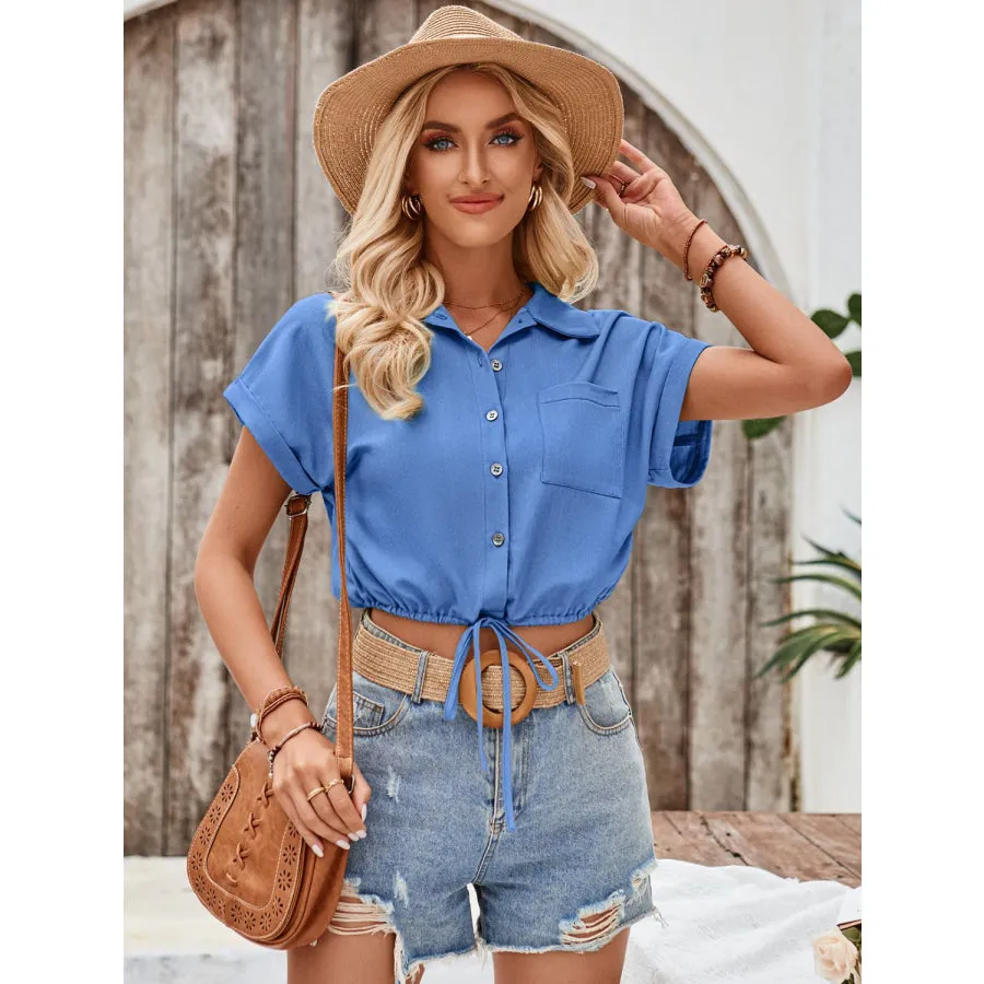 Drawstring Pocketed Collared Neck Short Sleeve Shirt