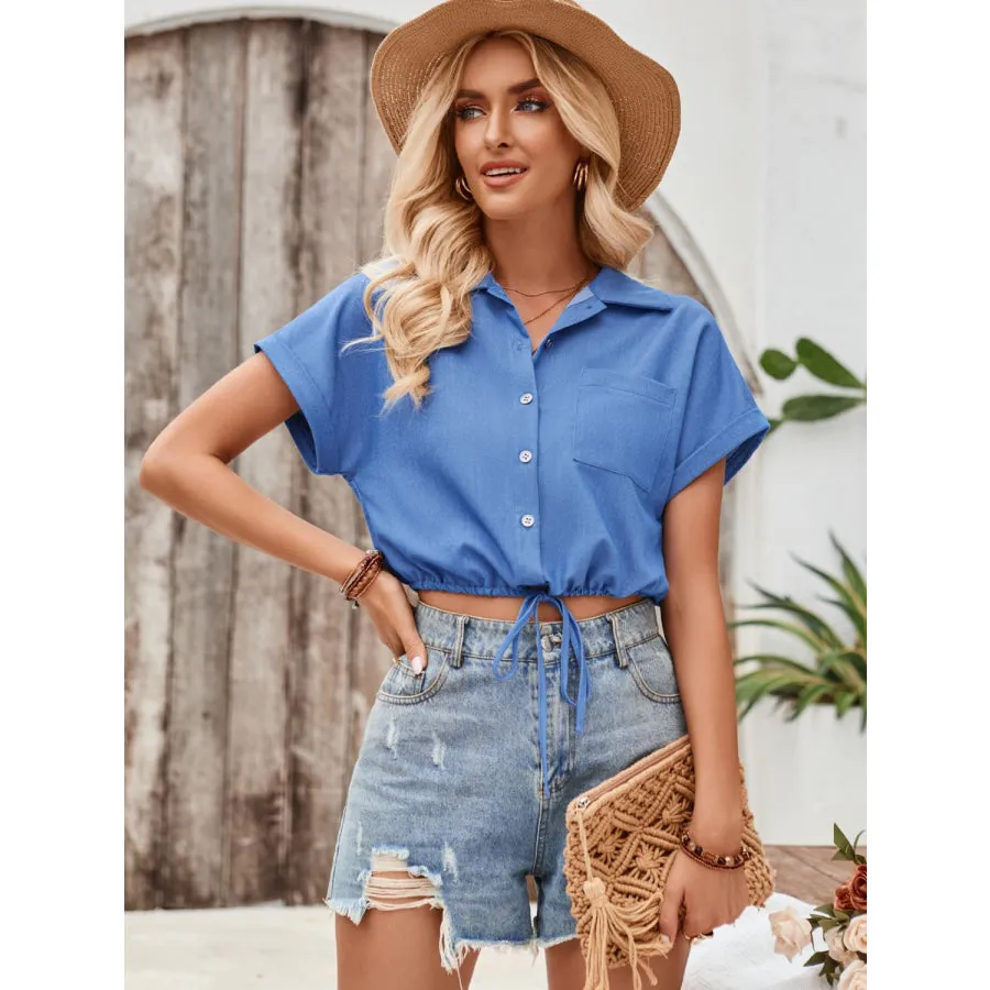 Drawstring Pocketed Collared Neck Short Sleeve Shirt