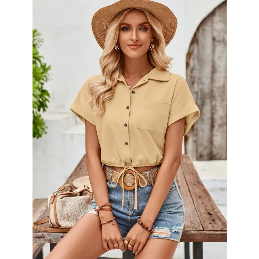 Drawstring Pocketed Collared Neck Short Sleeve Shirt