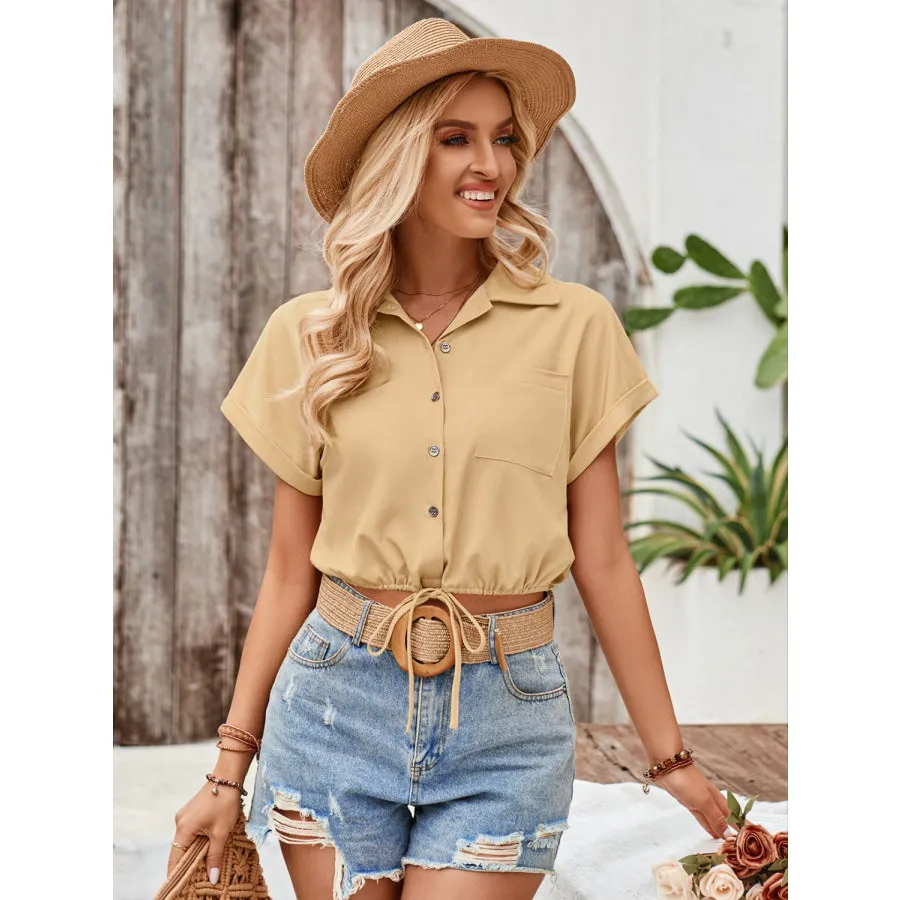 Drawstring Pocketed Collared Neck Short Sleeve Shirt