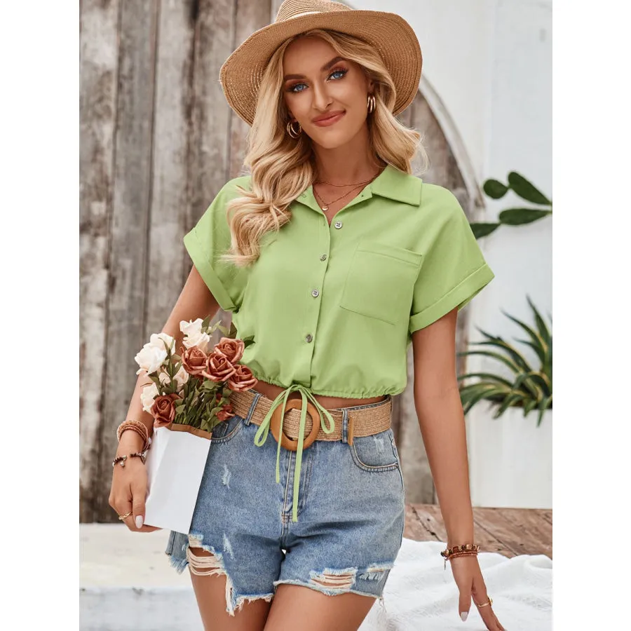 Drawstring Pocketed Collared Neck Short Sleeve Shirt