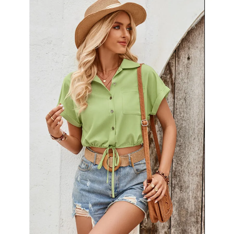 Drawstring Pocketed Collared Neck Short Sleeve Shirt