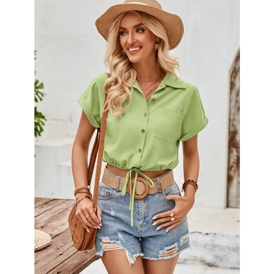 Drawstring Pocketed Collared Neck Short Sleeve Shirt