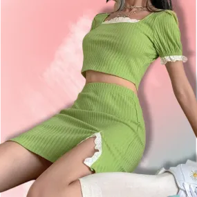 E-girl Puff Sleeve Crop Top Skirt Set