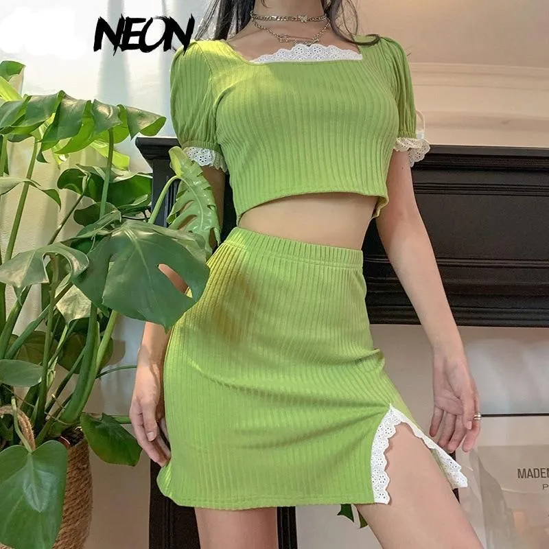 E-girl Puff Sleeve Crop Top Skirt Set