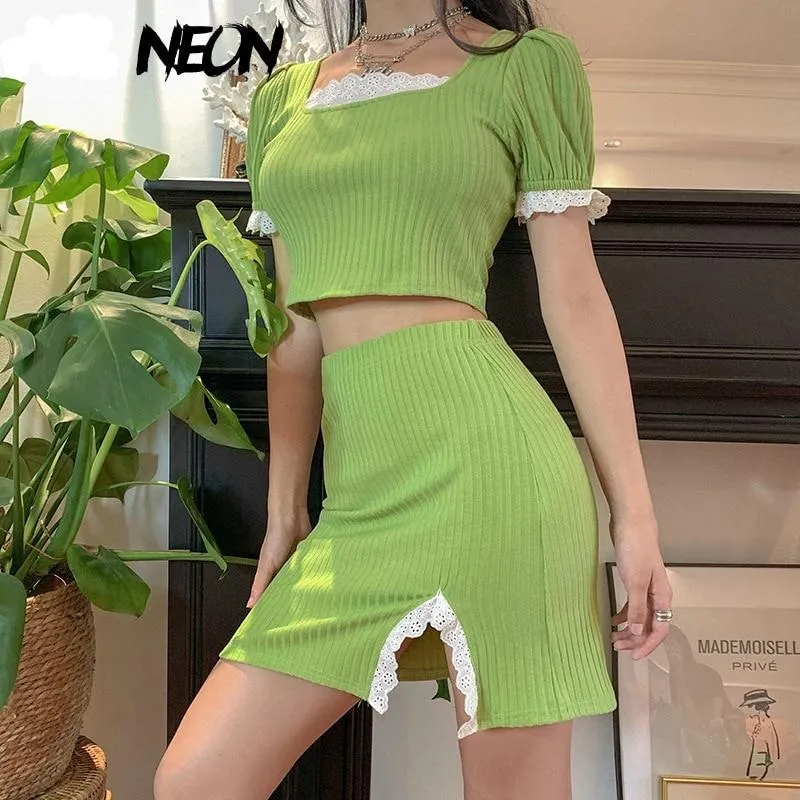 E-girl Puff Sleeve Crop Top Skirt Set